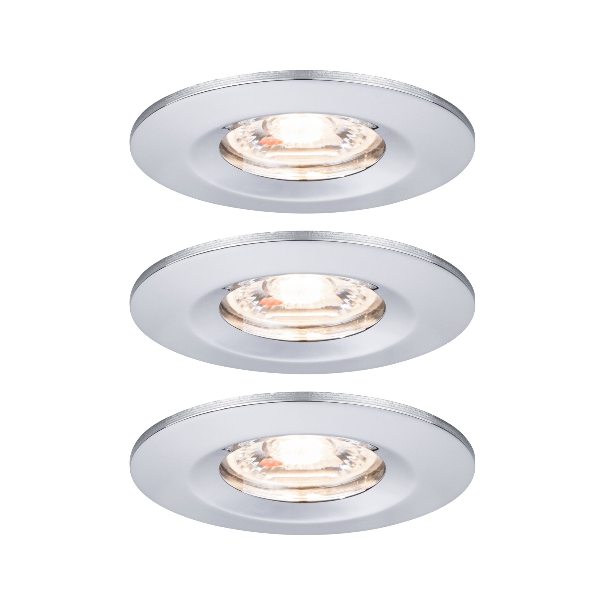 Three white metal recessed spotlights with warm white light for modern indoor lighting