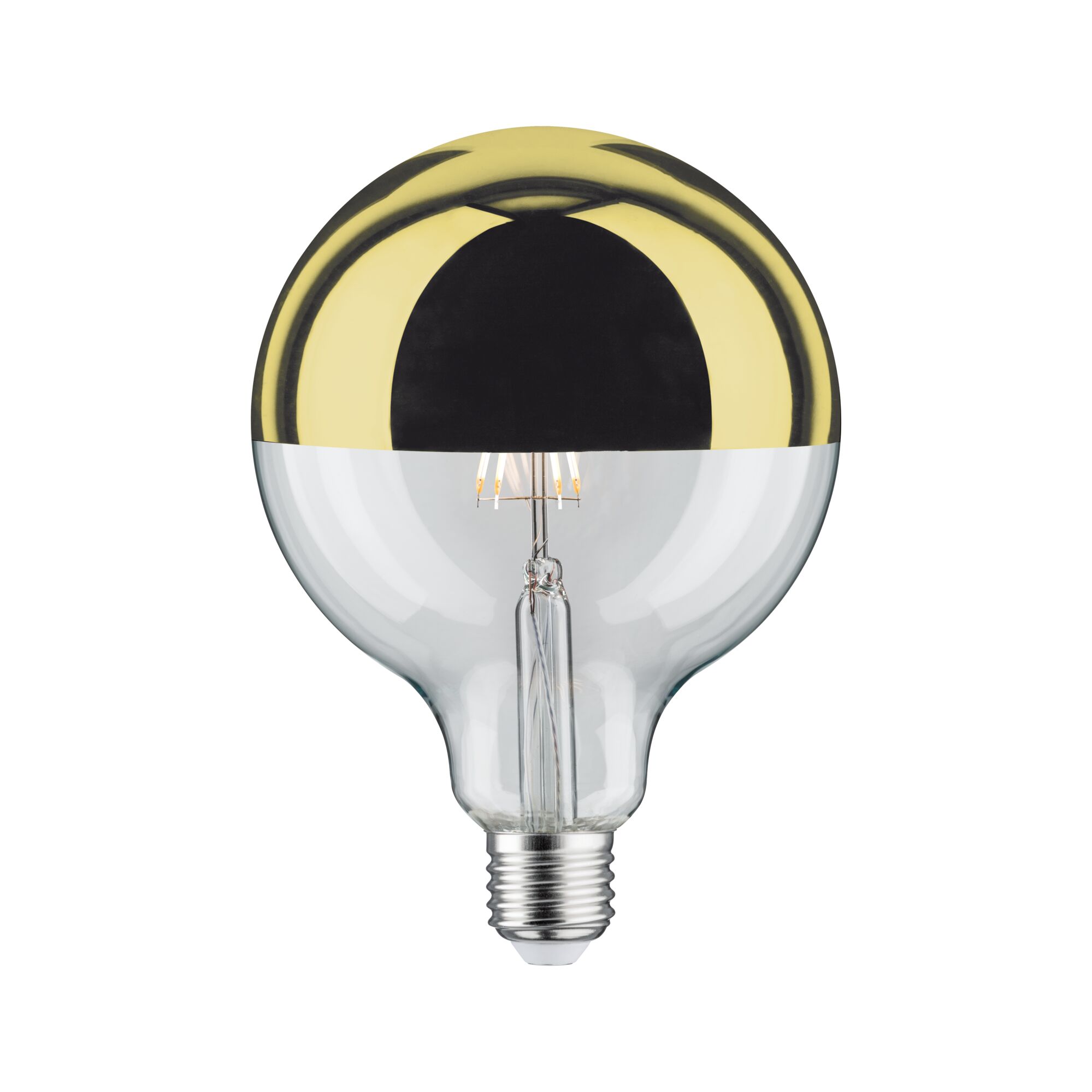 Modern Classic Edition Standard 230V LED Globe Kopfspiegel E27 G125 600lm 6,5W 2700K dimmbar Kopfspiegel Gold LED-Glühbirne mit goldener Halbspiegel-Beschichtung und transparentem Glas für dekorative Beleuchtung