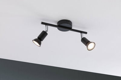 Black ceiling light with two adjustable metal spotlights for targeted room lighting