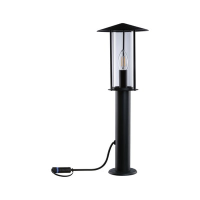 Sort udendørslampe i metal med klart glas og synlig LED-lys til havebelysning