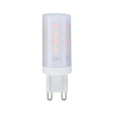 Compact white LED bulb with G9 base emitting warm light for energy-efficient lighting