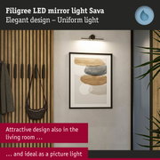 Filigree black LED mirror light Sava with uniform illumination, perfect as picture light