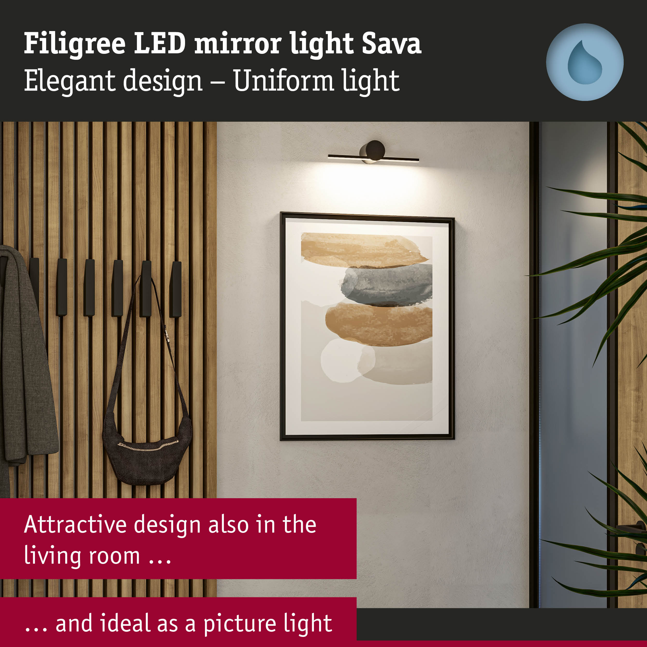 Filigree black LED mirror light Sava with uniform illumination, perfect as picture light
