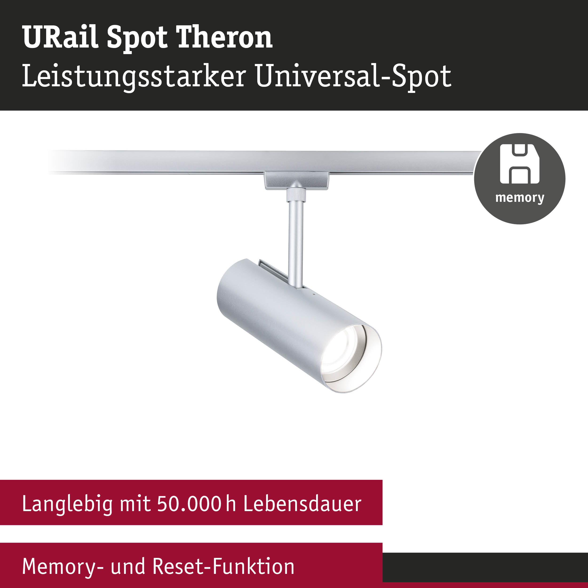 URail Spot Theron in silberfarbenem Metall mit Memory- und Reset-Funktion für langlebige LED-Spots