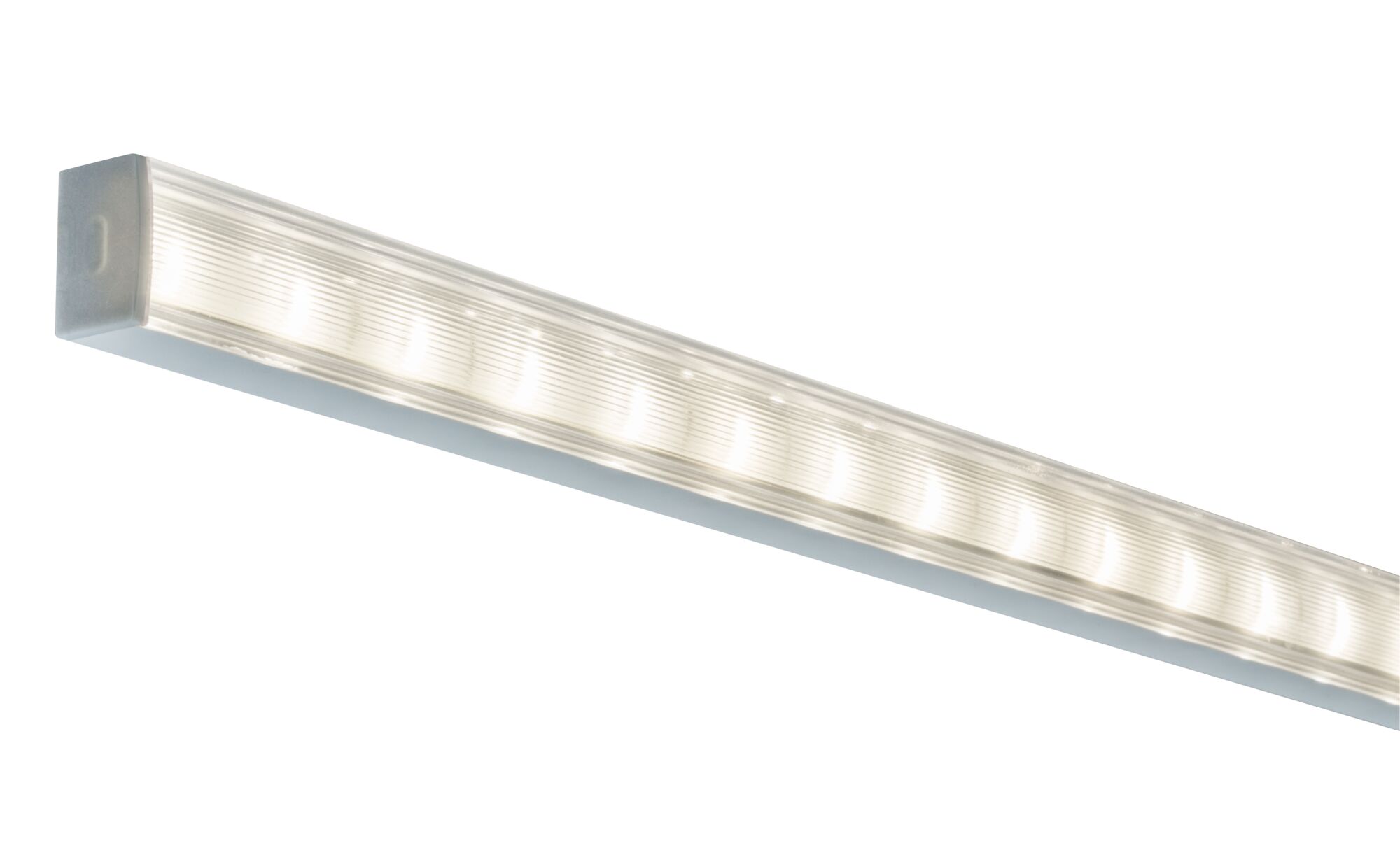 Long LED light with transparent plastic cover and white housing for modern indoor lighting solutions