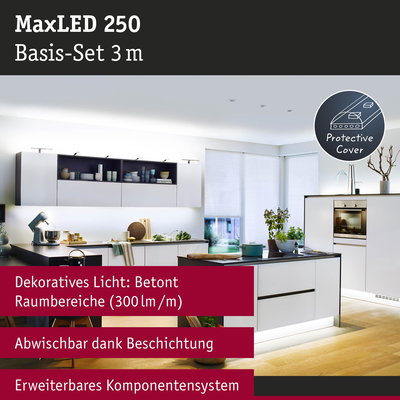 MaxLED 250 LED-Lichtleiste 3 m in Weiß mit Schutzabdeckung für dekorative Küchenbeleuchtung