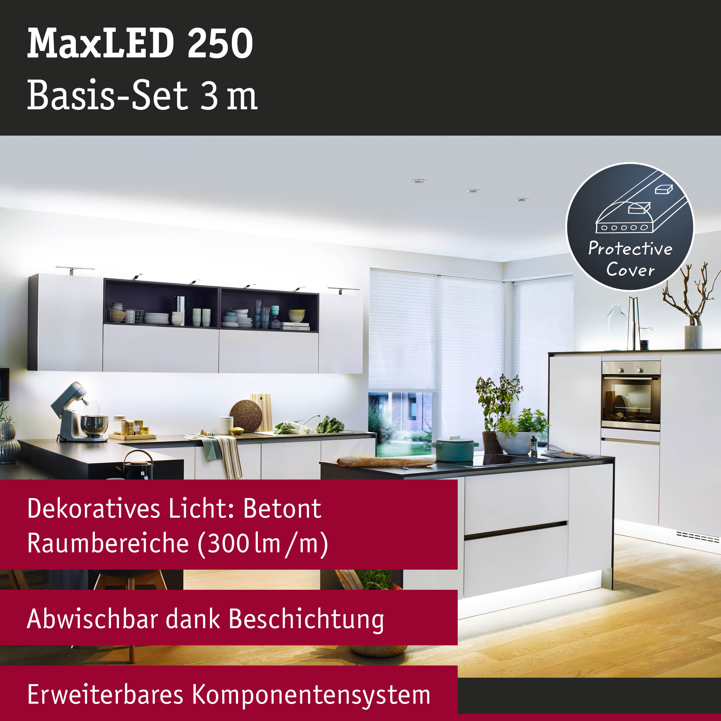 Moderne weiße Küche mit MaxLED 250 Basis-Set 3 m LED-Beleuchtung und Schutzabdeckung