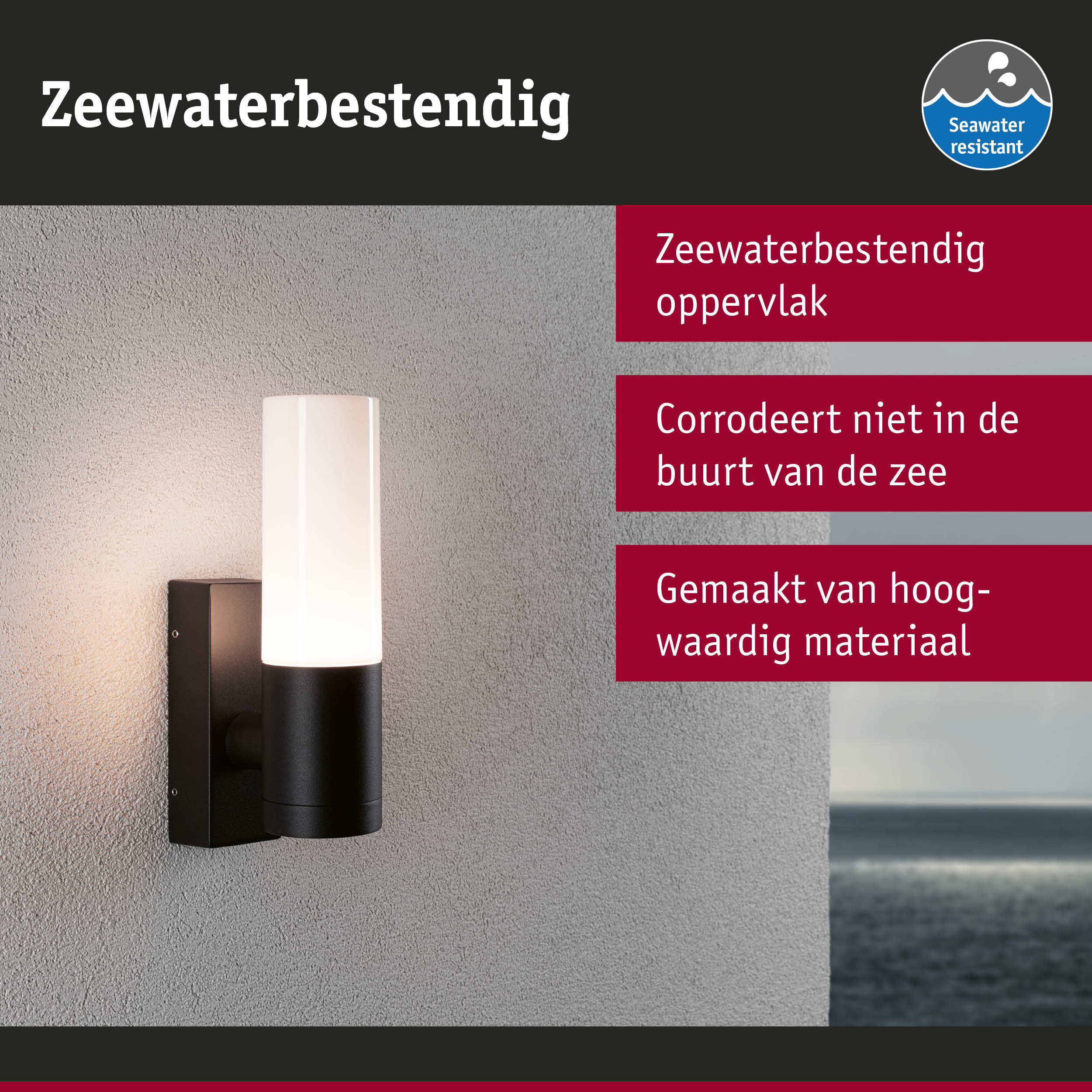 Zwarte wandlamp met wit glas, zeewaterbestendig en gemaakt van hoogwaardig materiaal