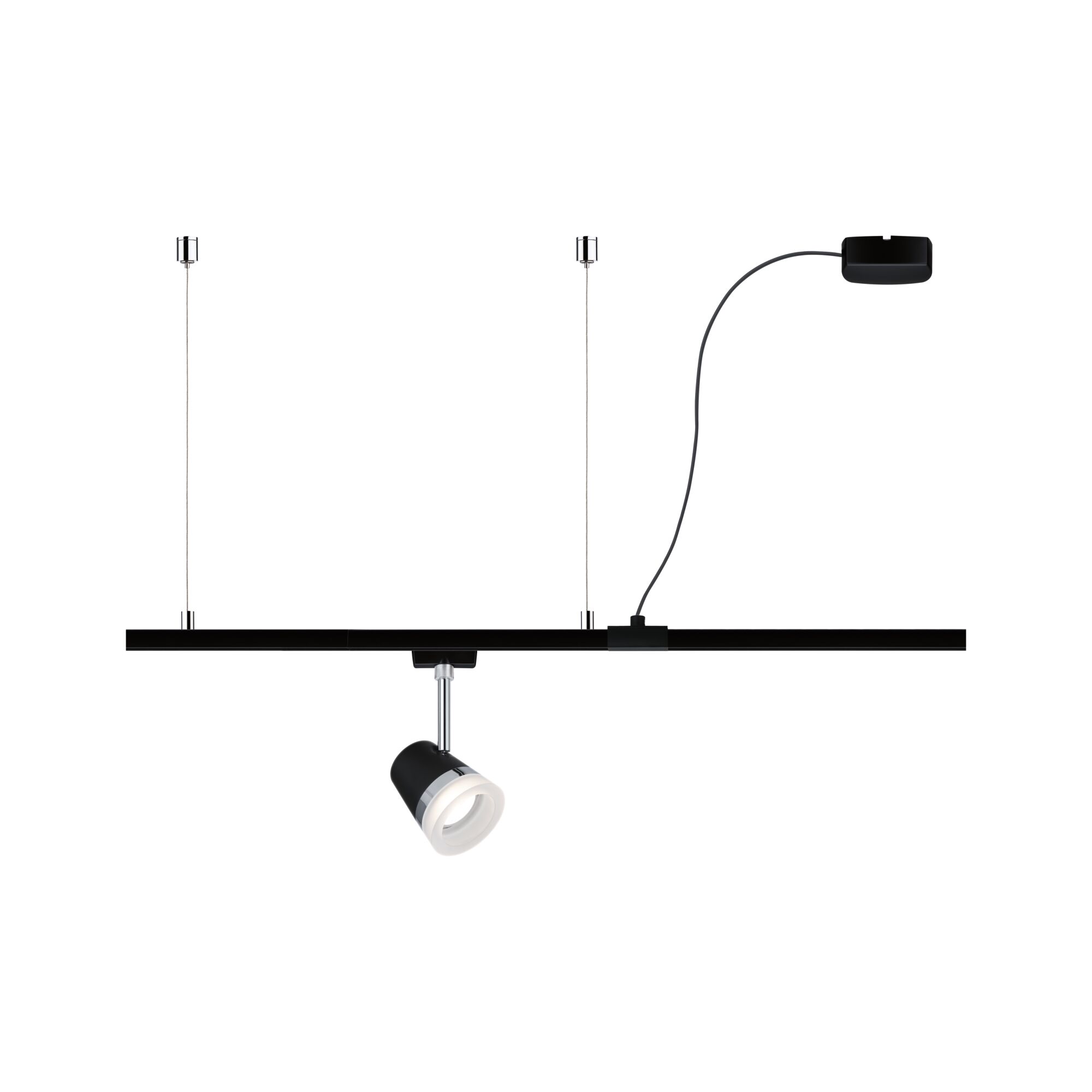 Black LED track lighting system with adjustable spotlight and silver accents for modern room lighting