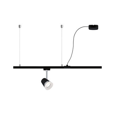 Black LED track lighting system with adjustable spotlight and silver accents for modern room lighting