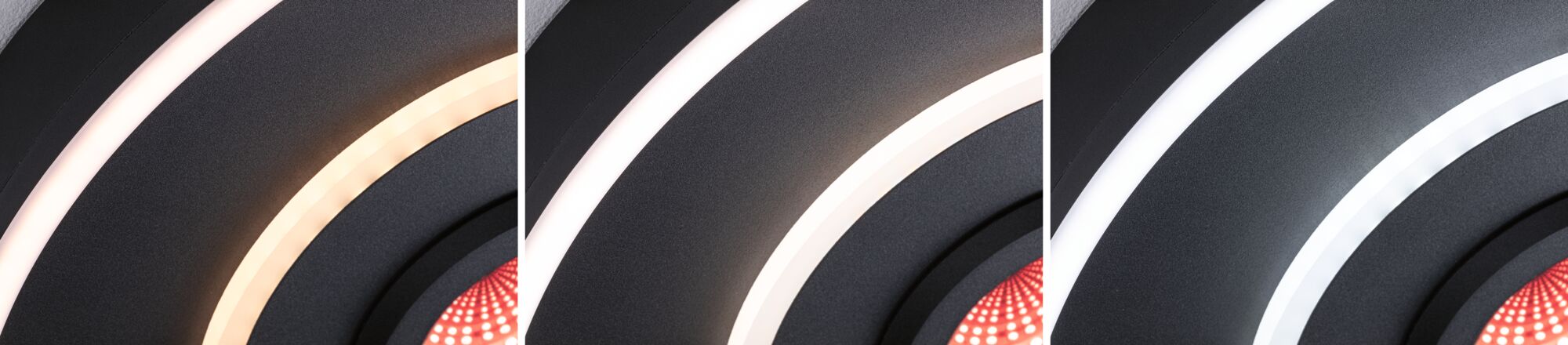 Drie close-ups van een zwarte LED-plafondlamp met instelbaar warm tot koel wit licht.