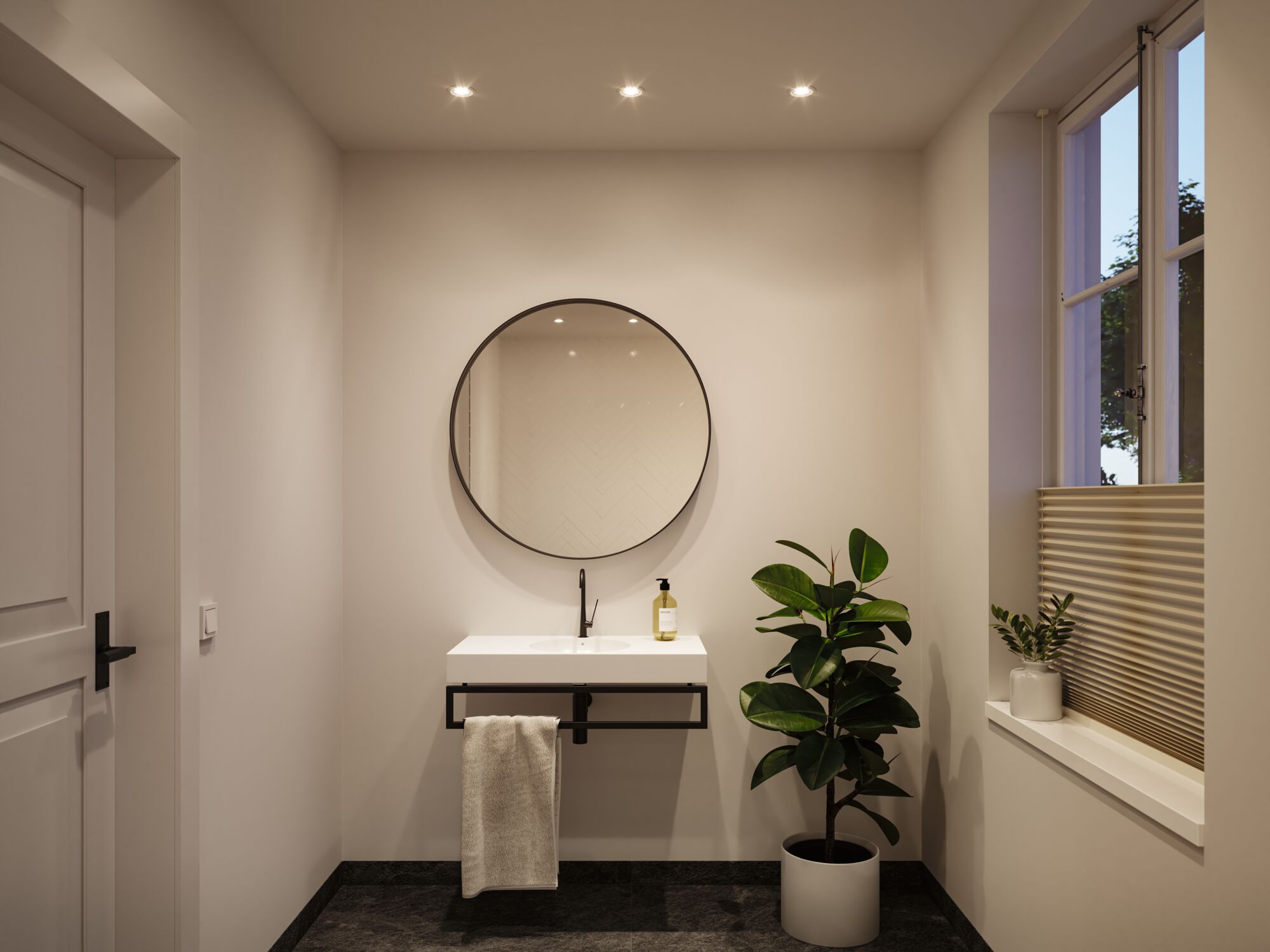 Modernes Badezimmer mit rundem Spiegel, weißem Waschbecken und schwarzem Wasserhahn, LED-Deckenbeleuchtung