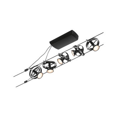 Schwarzes Seilsystem mit fünf verstellbaren LED-Strahlern aus Metall für moderne Raumbeleuchtung