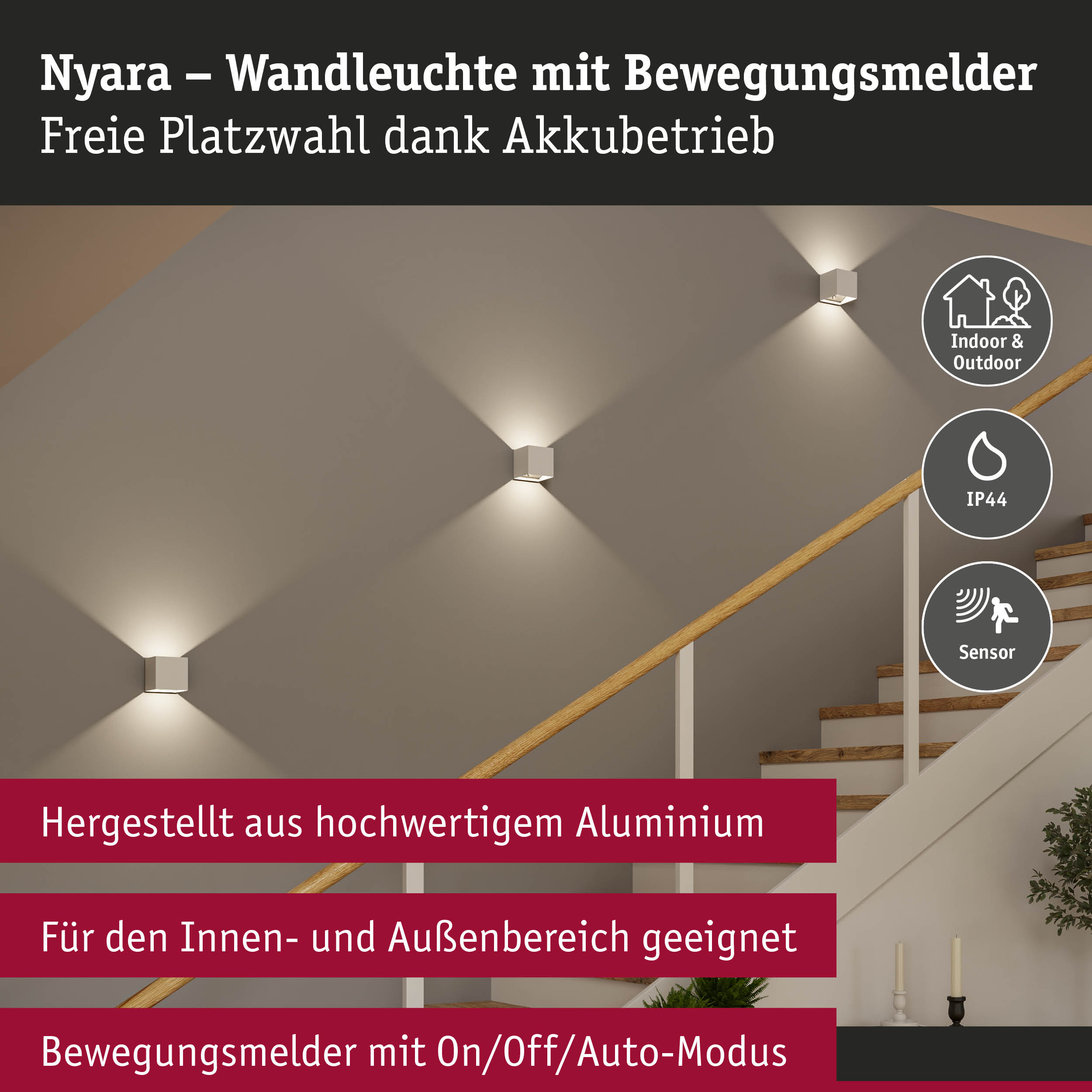 Nyara Wandleuchte aus Aluminium in Weiß mit Bewegungsmelder für Innen- und Außenbereich
