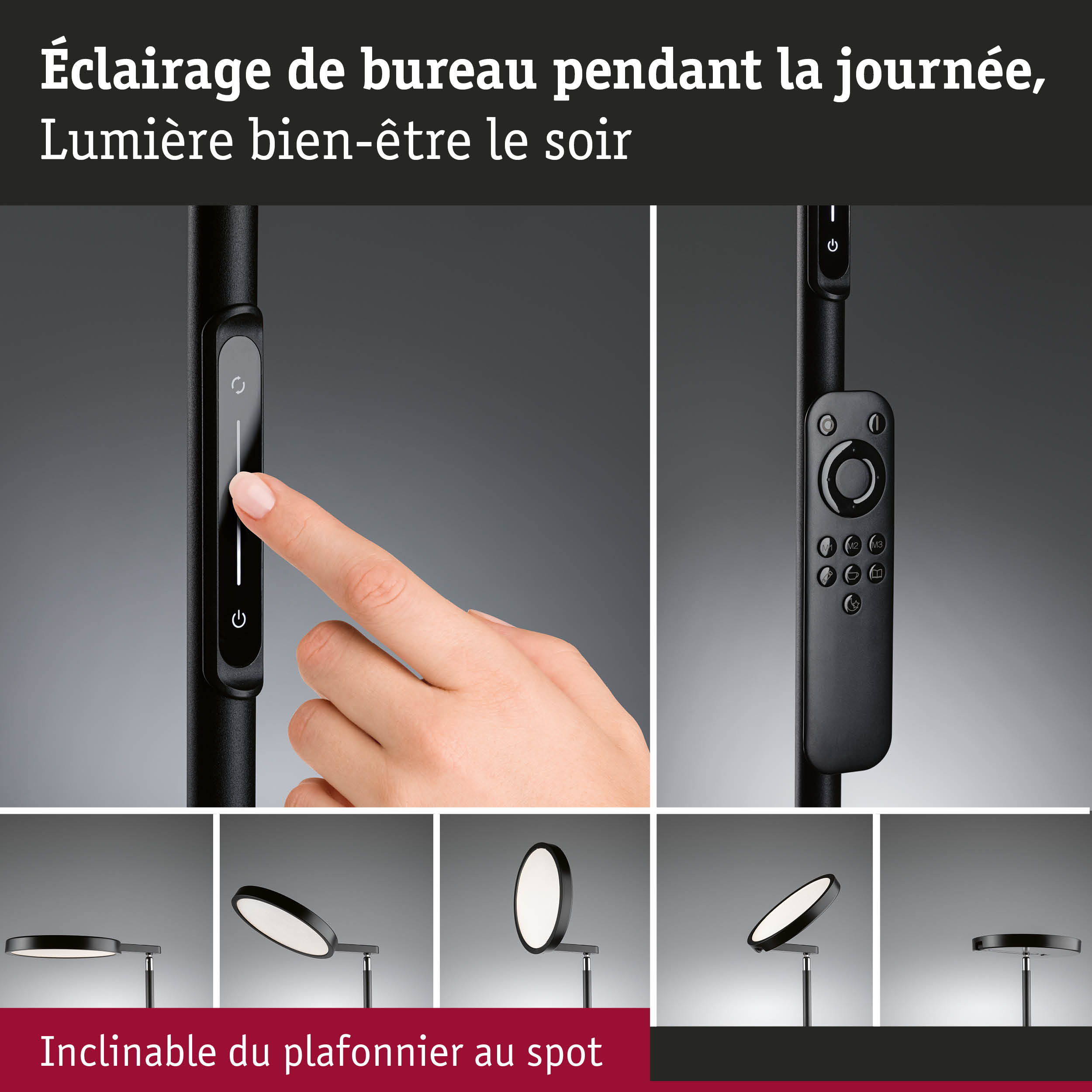 Lampe de bureau LED noire avec commande tactile et télécommande, dimmable et inclinable