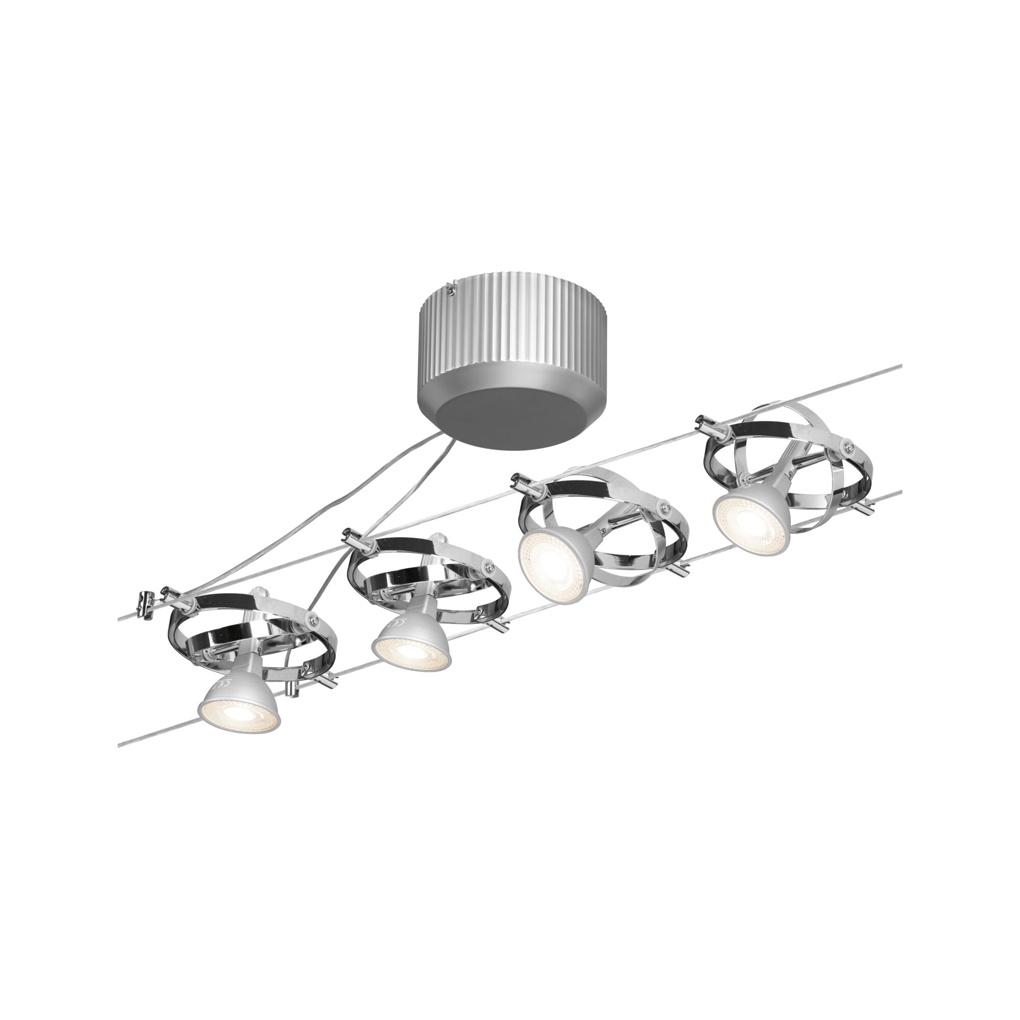 Suspension à câble moderne avec quatre spots LED chromés réglables pour un éclairage polyvalent.