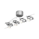 Suspension à câble moderne avec quatre spots LED chromés réglables pour un éclairage polyvalent.