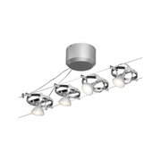 Nowoczesna lampa LED na linkę z czterema regulowanymi reflektorami z chromowanego metalu do oświetlenia akcentowego