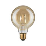 Round LED bulb with amber glass and visible filaments for decorative lighting and warm ambiance