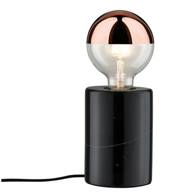 Modern table lamp with black marble base and copper-colored bulb for stylish home lighting