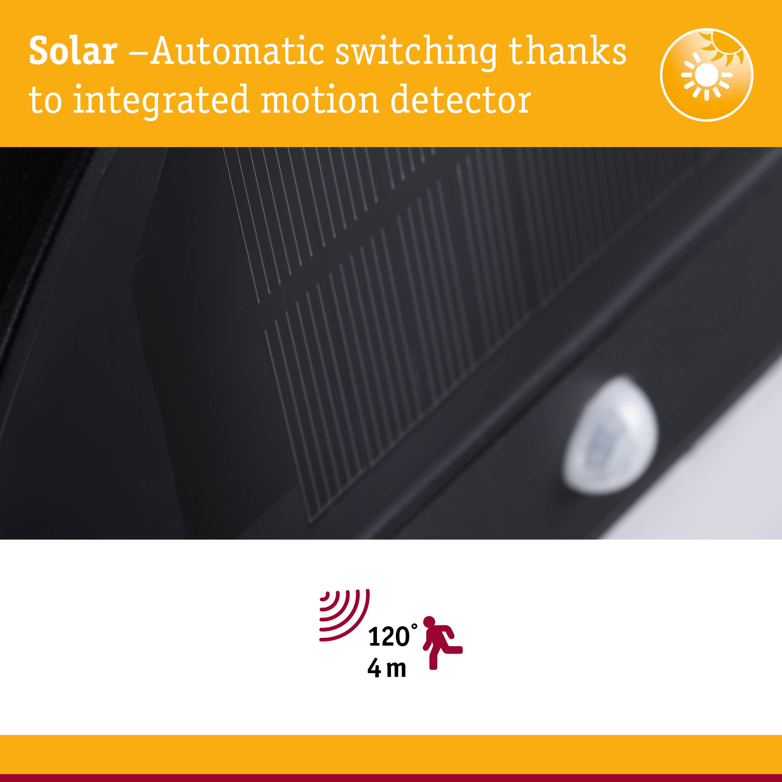 Close-up of black solar panel with integrated motion detector and automatic switching feature