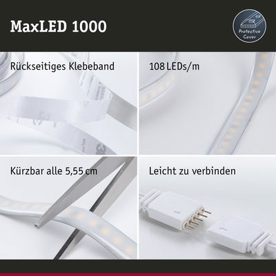 MaxLED 1000 LED-Lichtband mit rückseitigem Klebeband, 108 LEDs/m, schneidbar alle 5,55 cm, leicht verbindbar