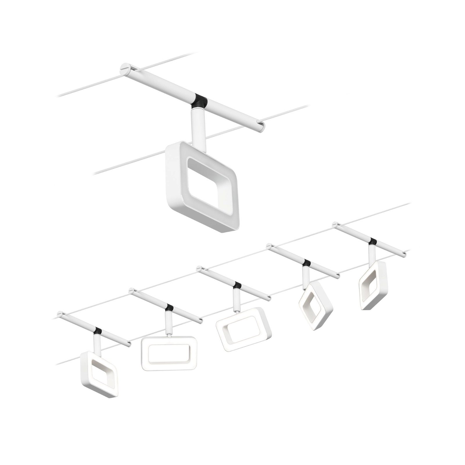 CorDuo Système sur câbles LED Frame Kit de base 5x280lm 5x4,8W 3000K 230/12V Blanc dépoli/Chrome