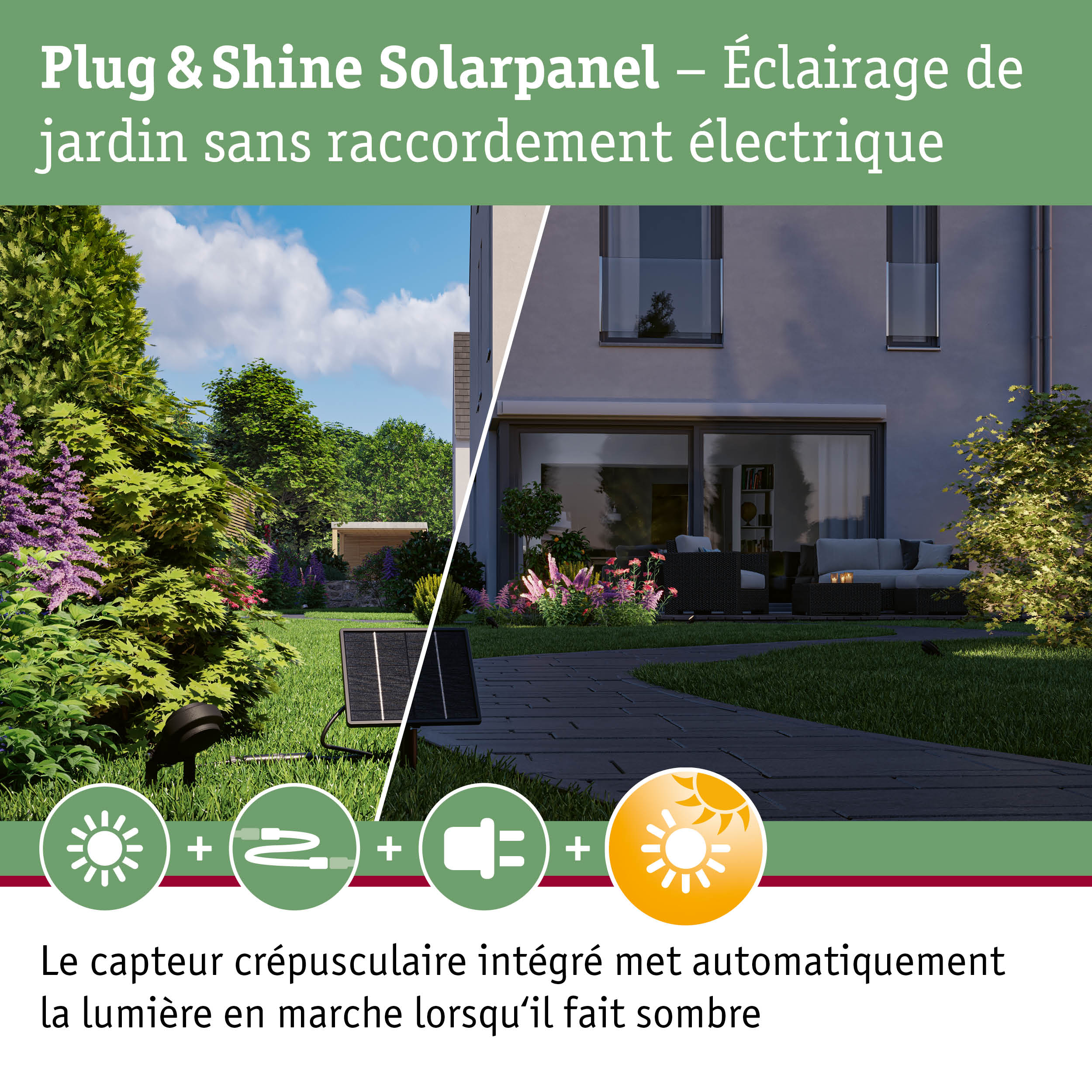 Panneau solaire Plug & Shine pour éclairage de jardin sans raccordement électrique avec capteur crépusculaire