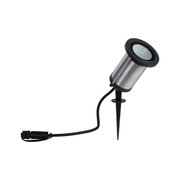 Edelstahl-Gartenstrahler mit schwarzem Erdspieß und Kabel für Außenbeleuchtung und LED-Lichtakzente