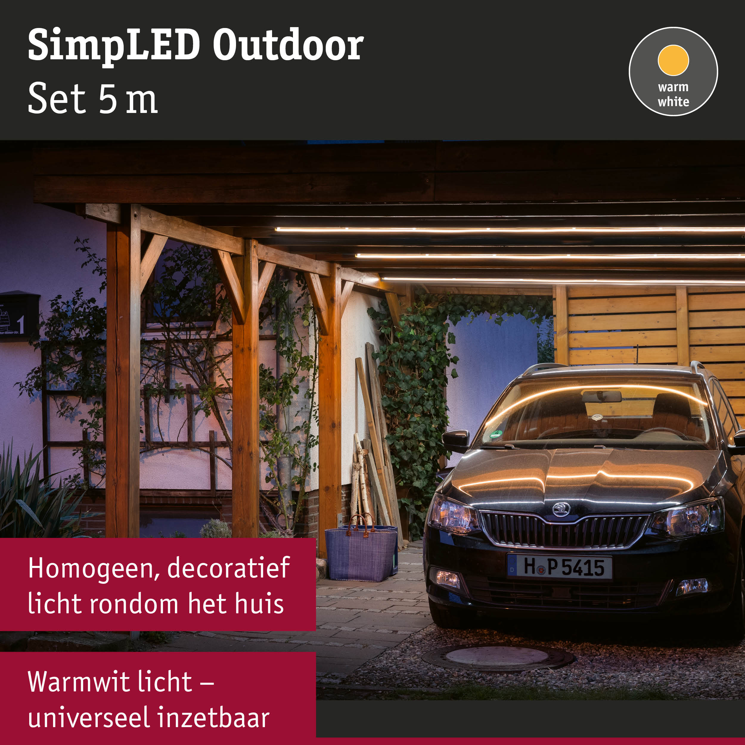 SimplLED Outdoor set 5 m met warmwit decoratief licht onder houten dak boven auto