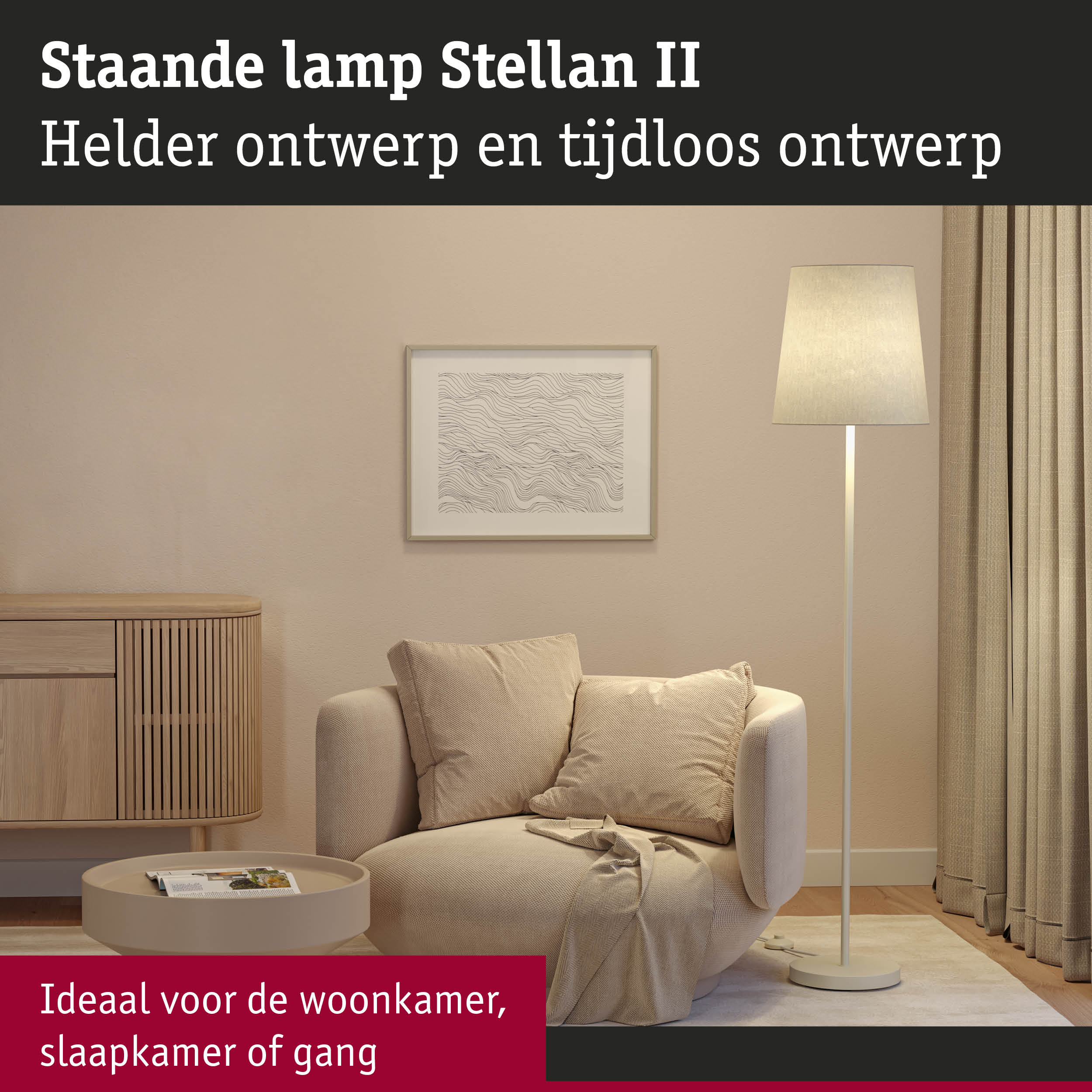 Staande lamp Stellan II wit met stoffen kap in een moderne woonkamer