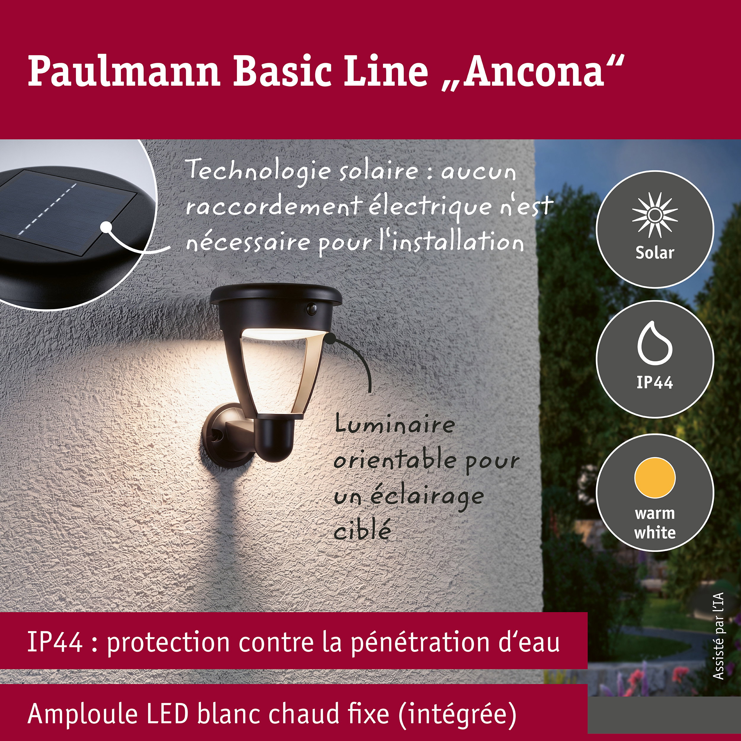 Solar Applique d'extérieur LED Ancona IP44 rond 140x188mm 3000K 4,2W 300lm 3,7V Noir