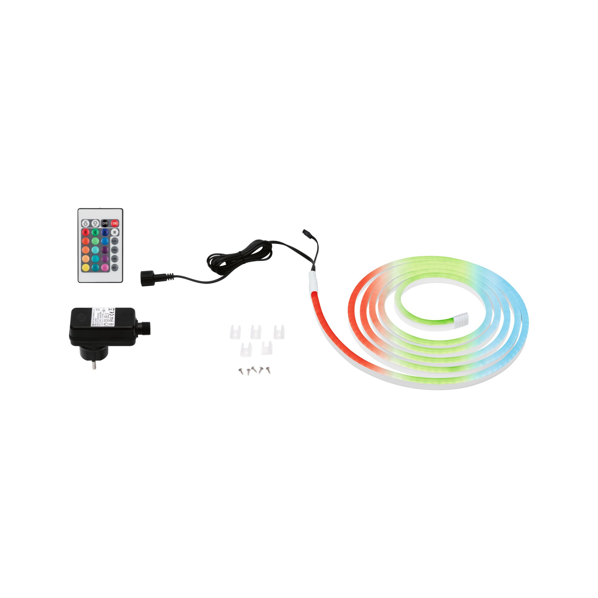 Buntes LED-Lichtband mit Fernbedienung, Netzteil und Befestigungsmaterial für flexible Lichtgestaltung