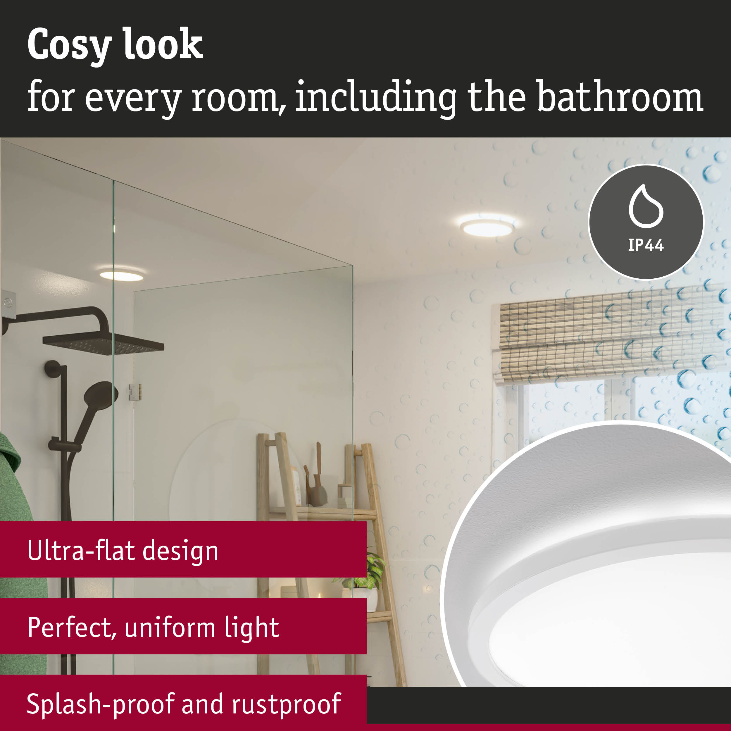 Round white LED ceiling light with IP44 rating for bathroom, ultra-flat design and uniform illumination