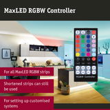 MaxLED RGBW controller remote for LED strips with color and brightness control shown in modern kitchen lighting