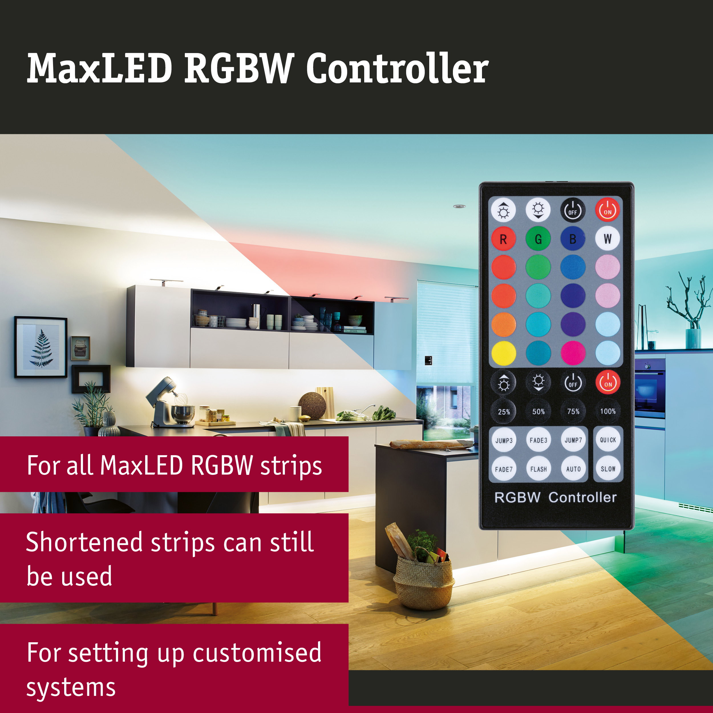 Black MaxLED RGBW Controller remote for LED strip colour control in a modern kitchen setting