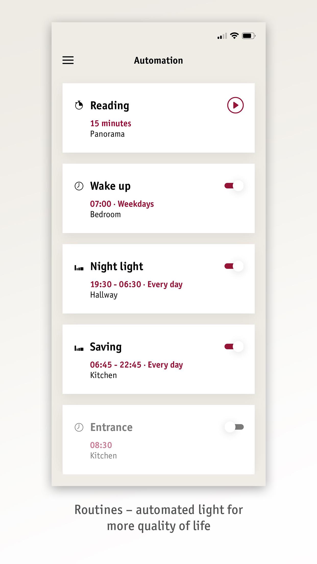 Smartphone app displaying automated light routines for different rooms and times for light control