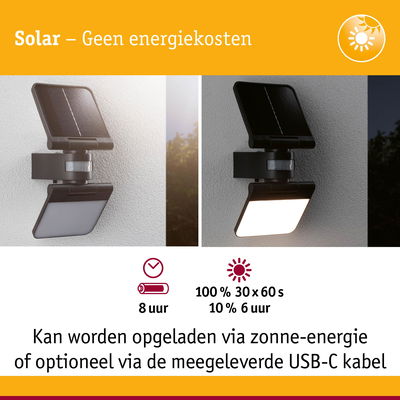 Zwarte solar buitenlamp met bewegingssensor en USB-C oplaadmogelijkheid voor energiezuinige verlichting