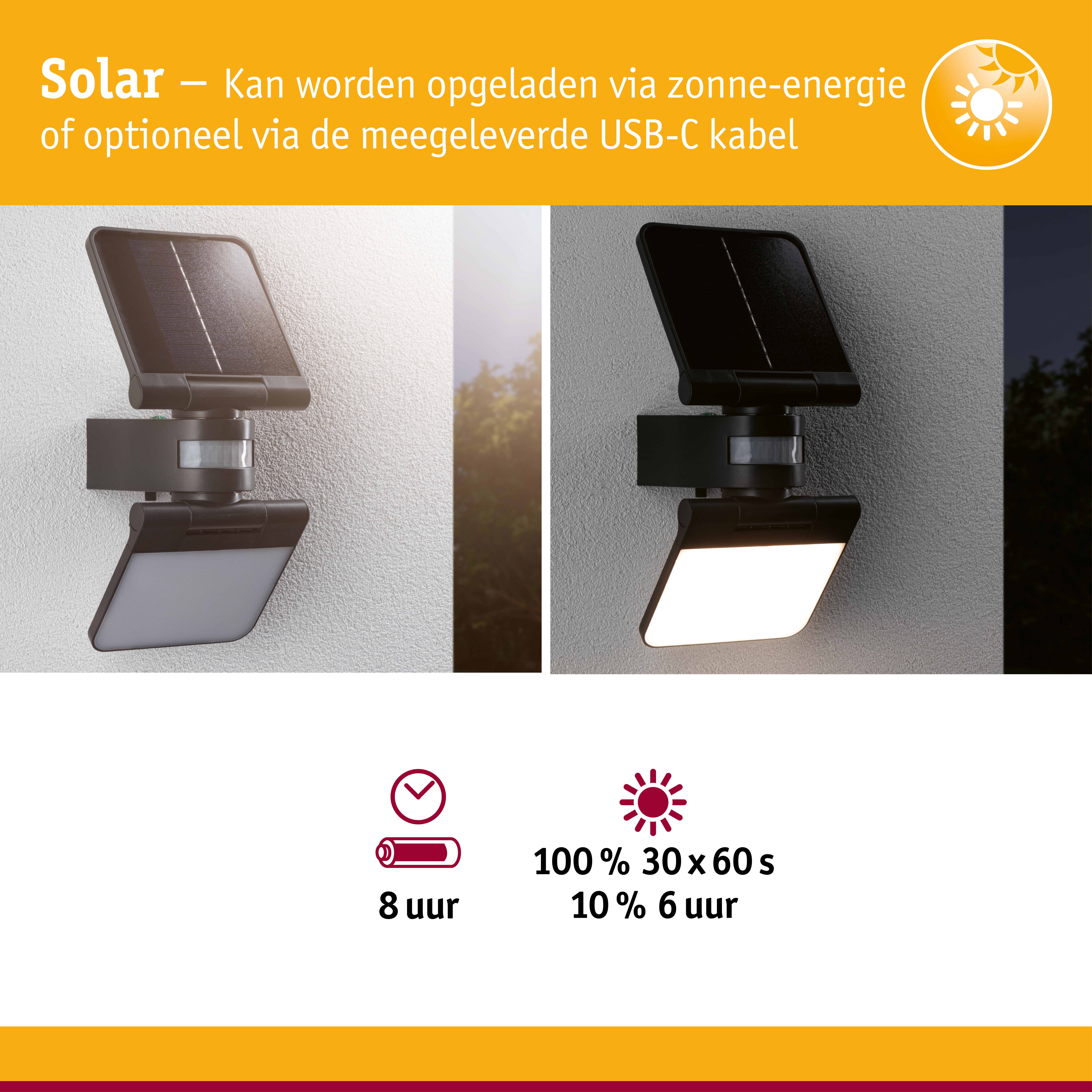 Zwarte solar buitenlamp met bewegingssensor aan witte muur, dag- en nachtzicht