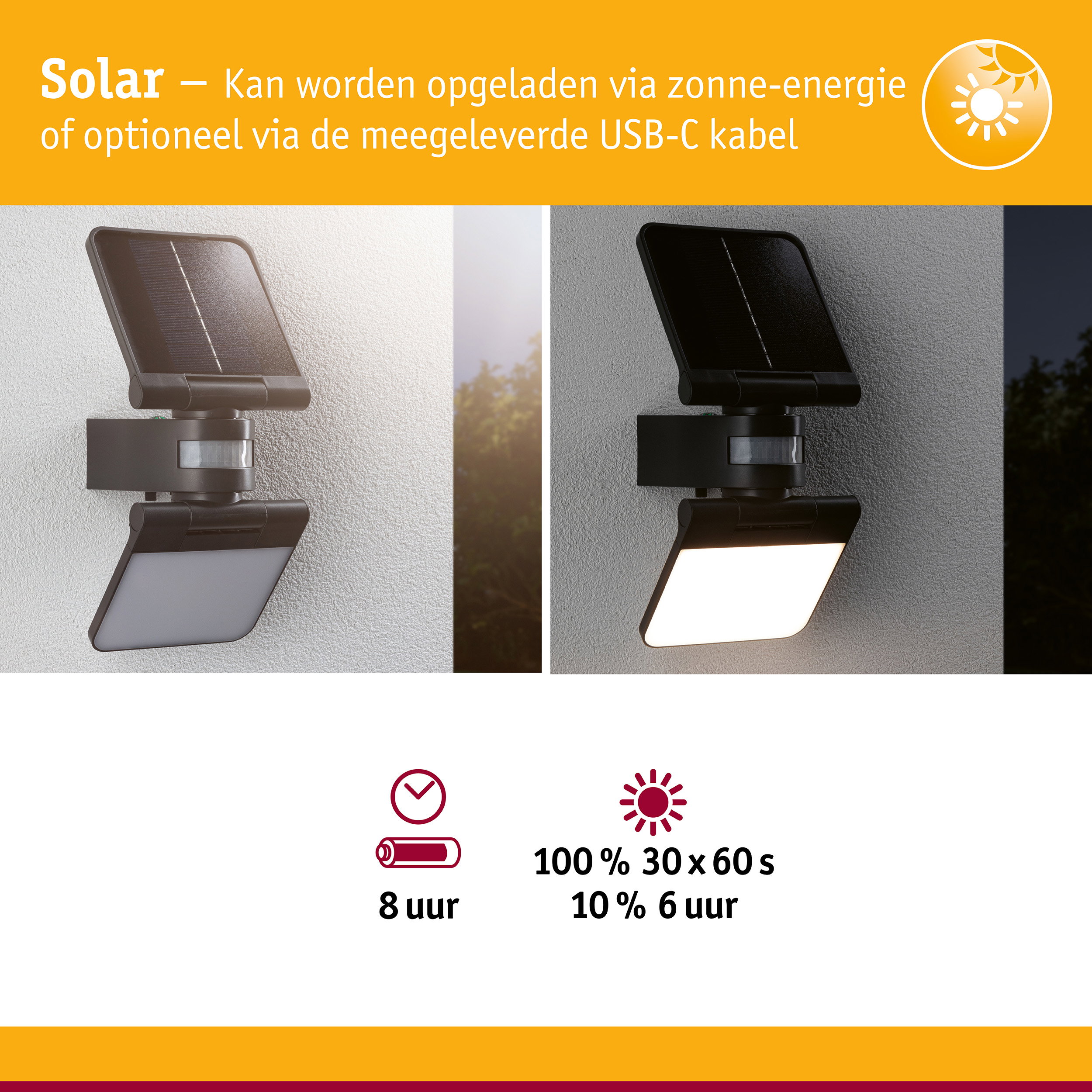 Zwarte solar buitenlamp met bewegingssensor aan witte muur, dag- en nachtzicht
