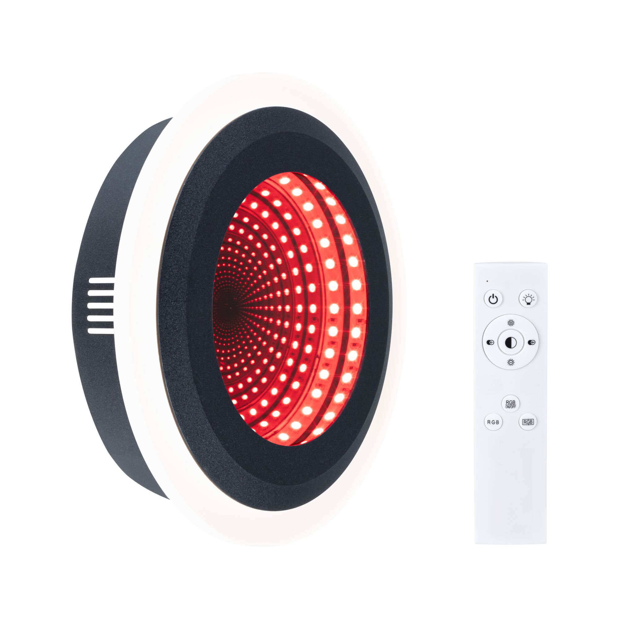 Plafonnier LED rond noir et blanc avec effet miroir infini rouge et télécommande