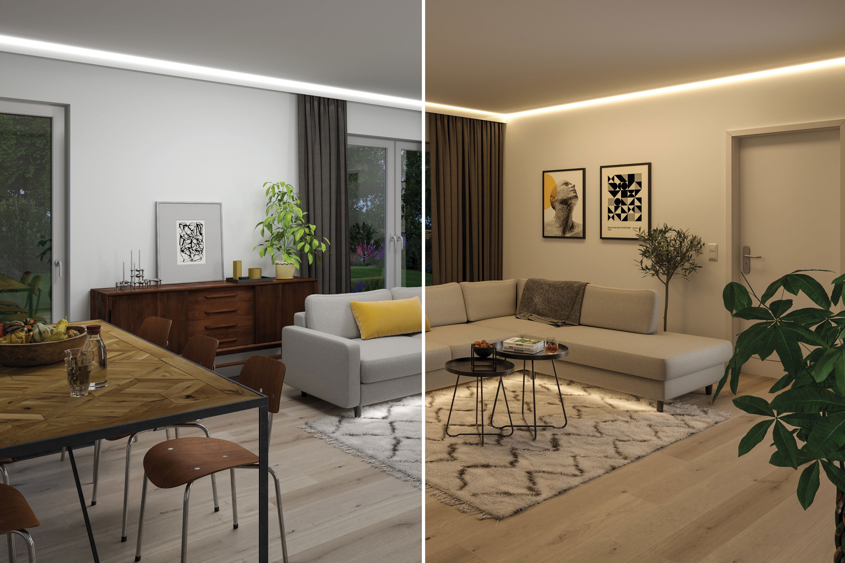 Moderne woonkamer met warmwit LED-plafondverlichting en gezellige meubels in neutrale kleuren