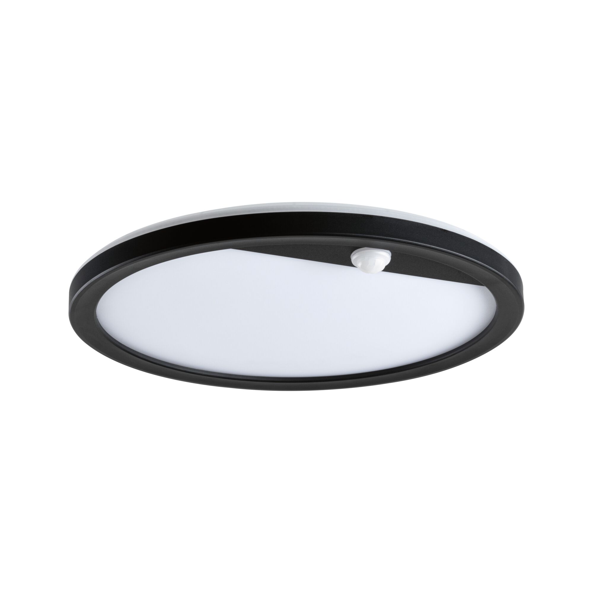 Ronde plafondlamp met zwarte rand en witte diffuser, inclusief bewegingssensor, LED-verlichting