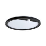 Ronde plafondlamp met zwarte rand en witte diffuser, inclusief bewegingssensor, LED-verlichting