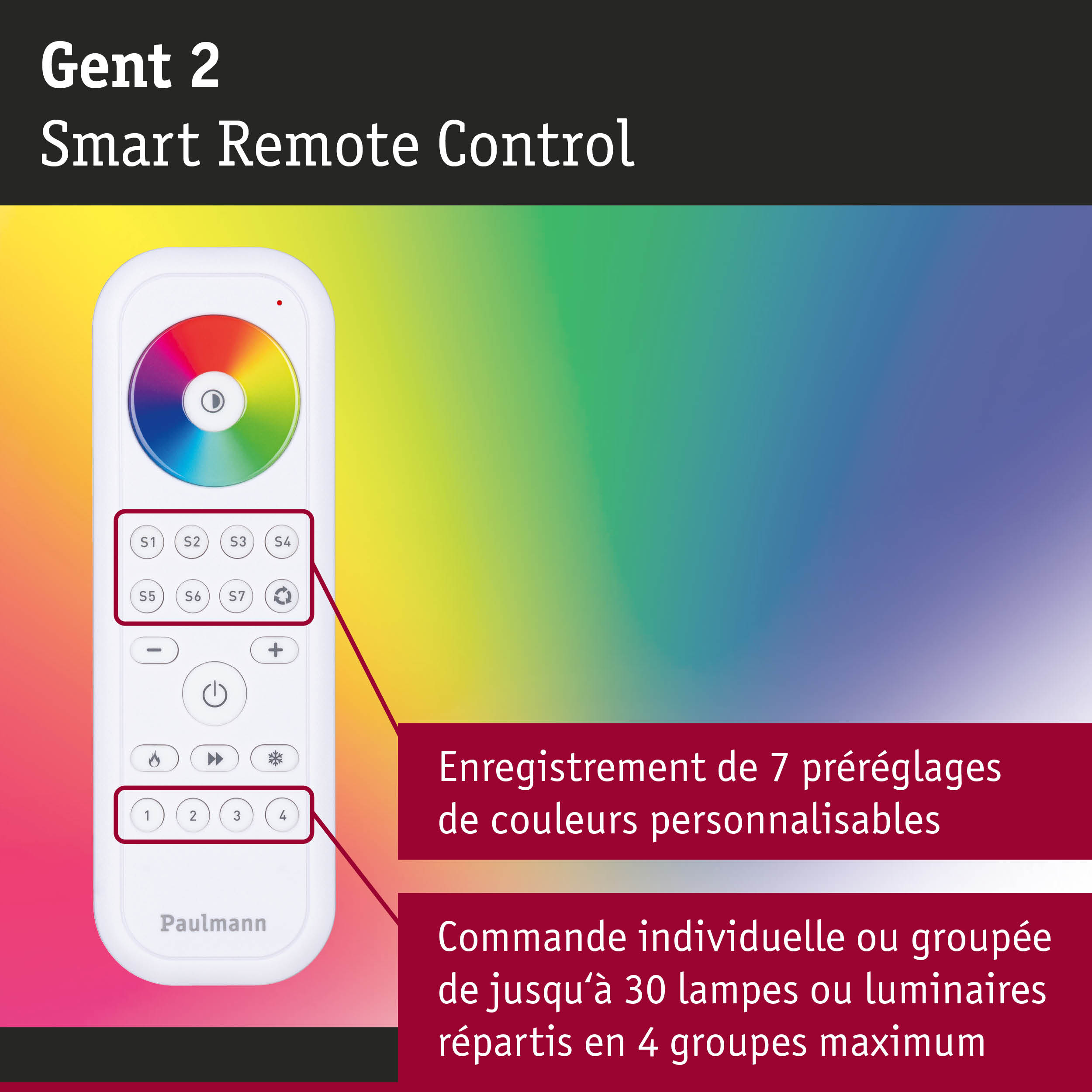 Télécommande intelligente Gent 2 blanche avec roue chromatique et 7 préréglages personnalisables pour éclairage LED