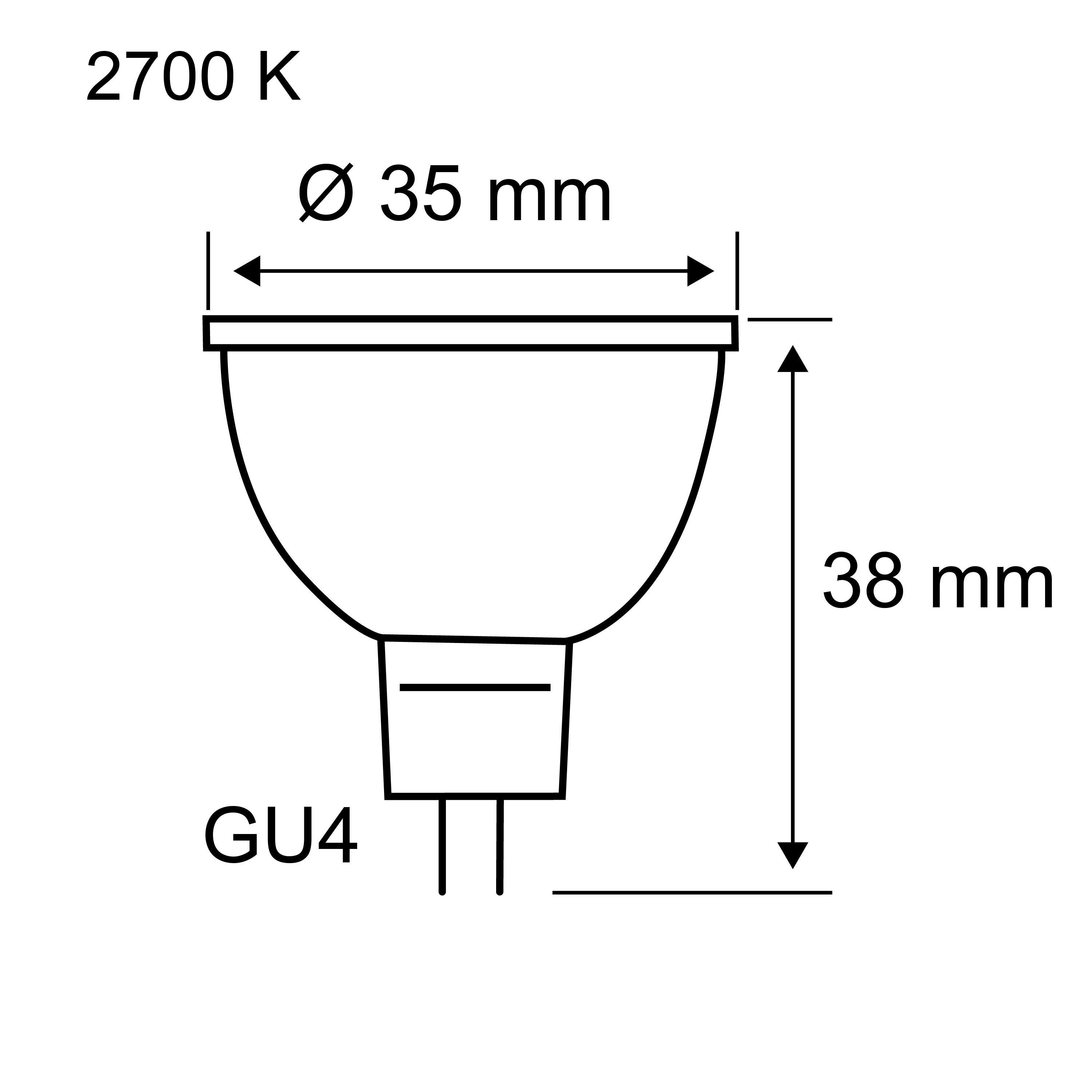 Technische tekening van GU4 LED-lamp met 35 mm diameter, 38 mm hoogte en 2700 K warm licht
