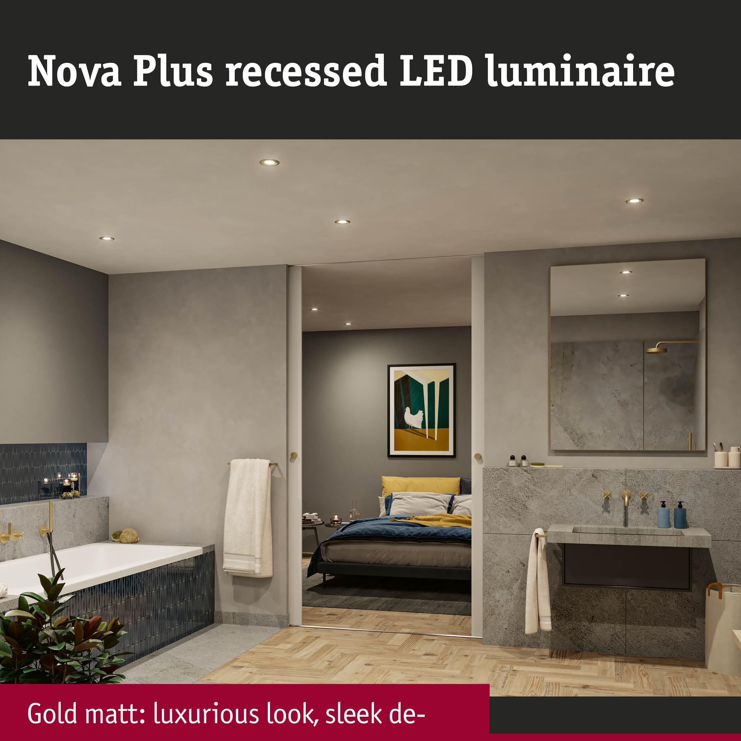 Modern bathroom with matte gold Nova Plus recessed LED lights and grey tiles for elegant lighting design