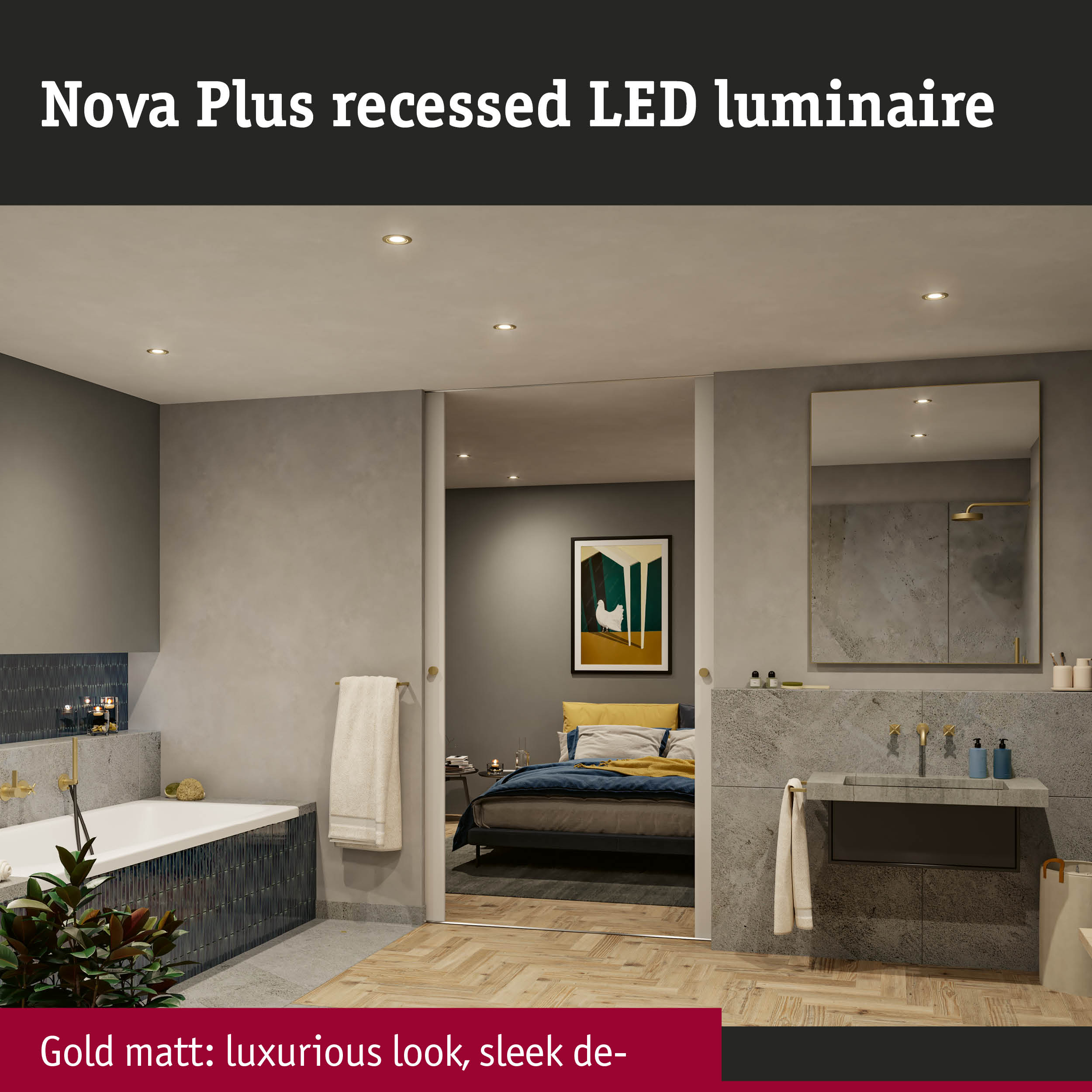 Matt gold Nova Plus recessed LED lights in modern bathroom with grey tiles and wooden parquet floor