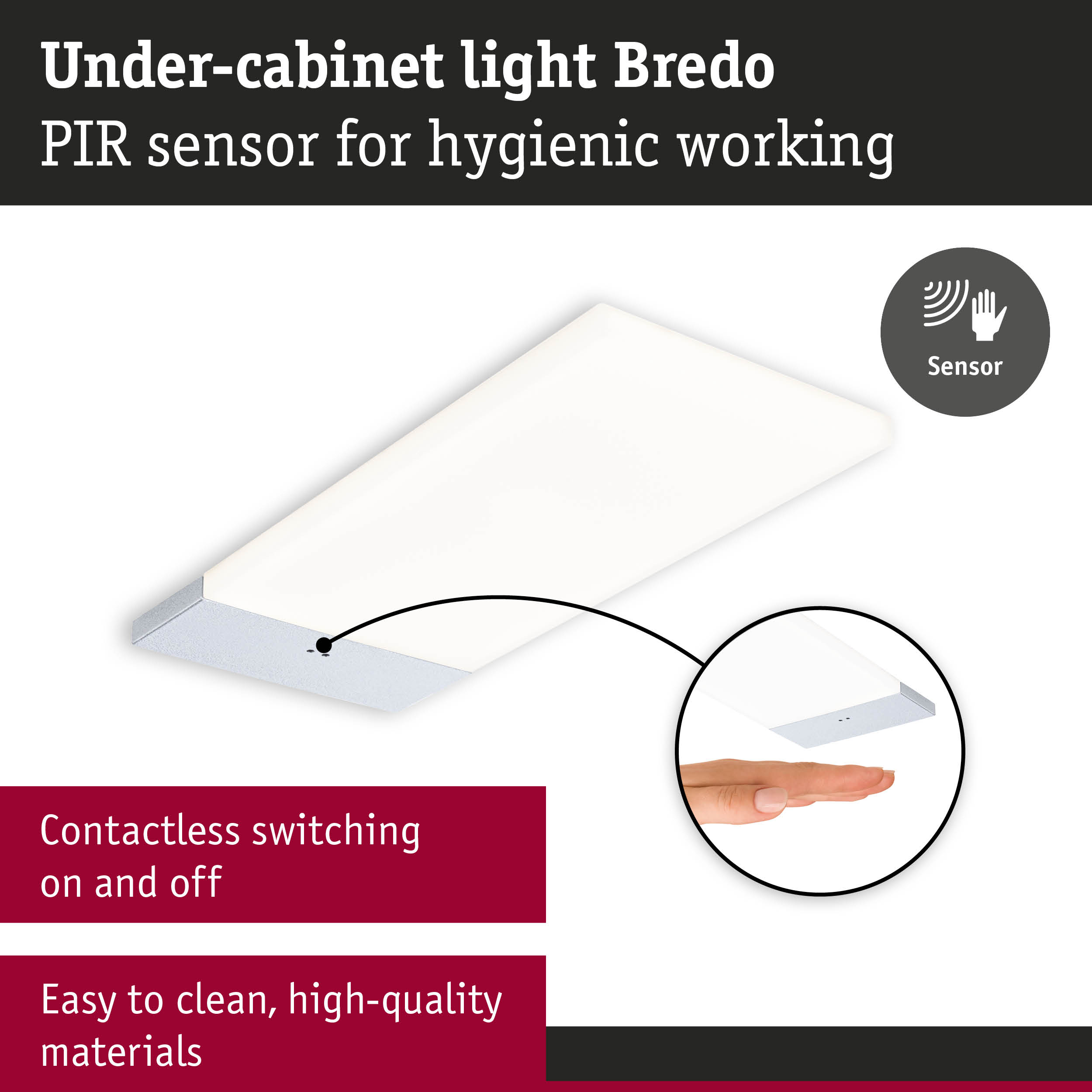 White under-cabinet light Bredo with PIR sensor for contactless switching and hygienic use