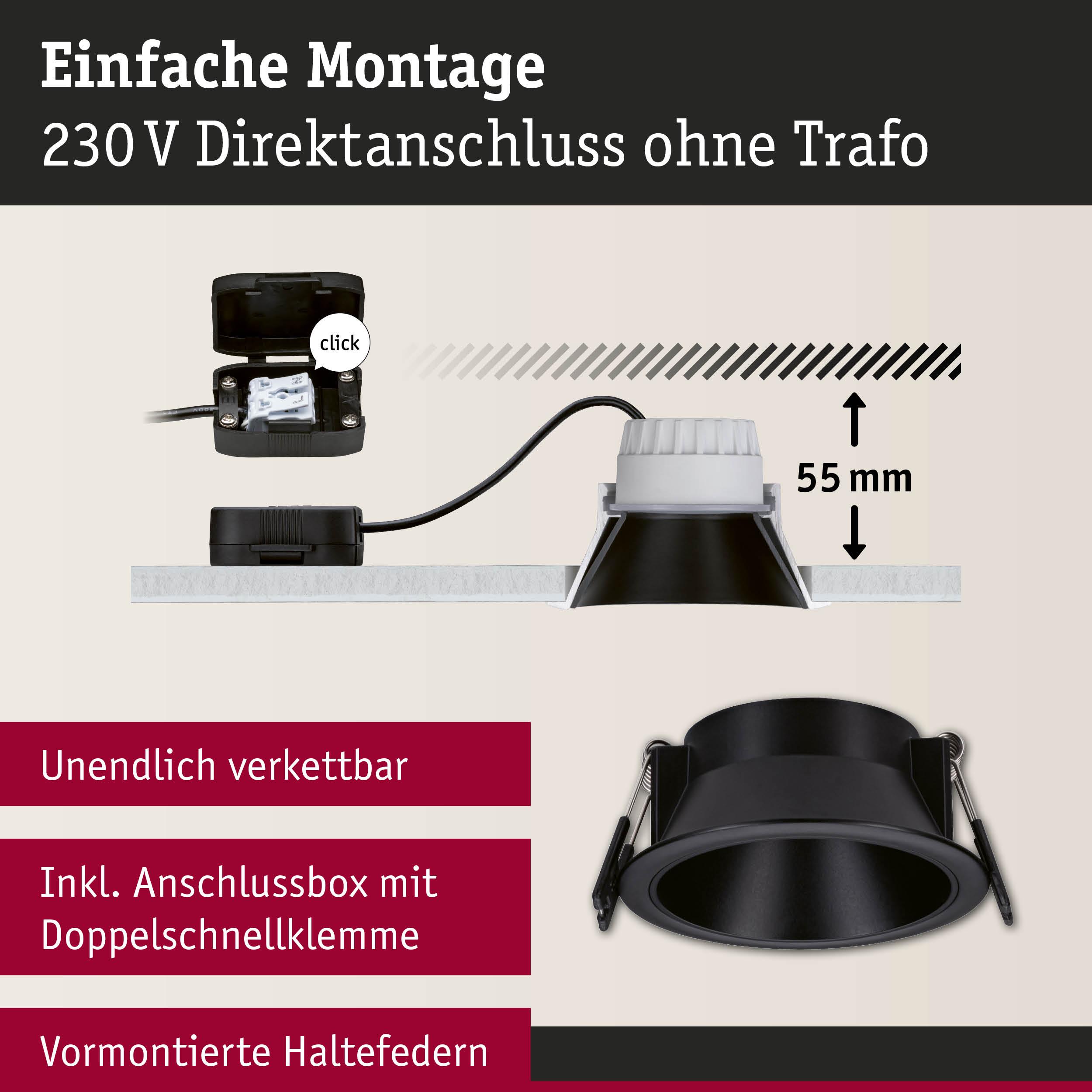 Schwarzer Einbaustrahler mit 55 mm Einbautiefe und Anschlussbox für 230V Direktanschluss ohne Trafo
